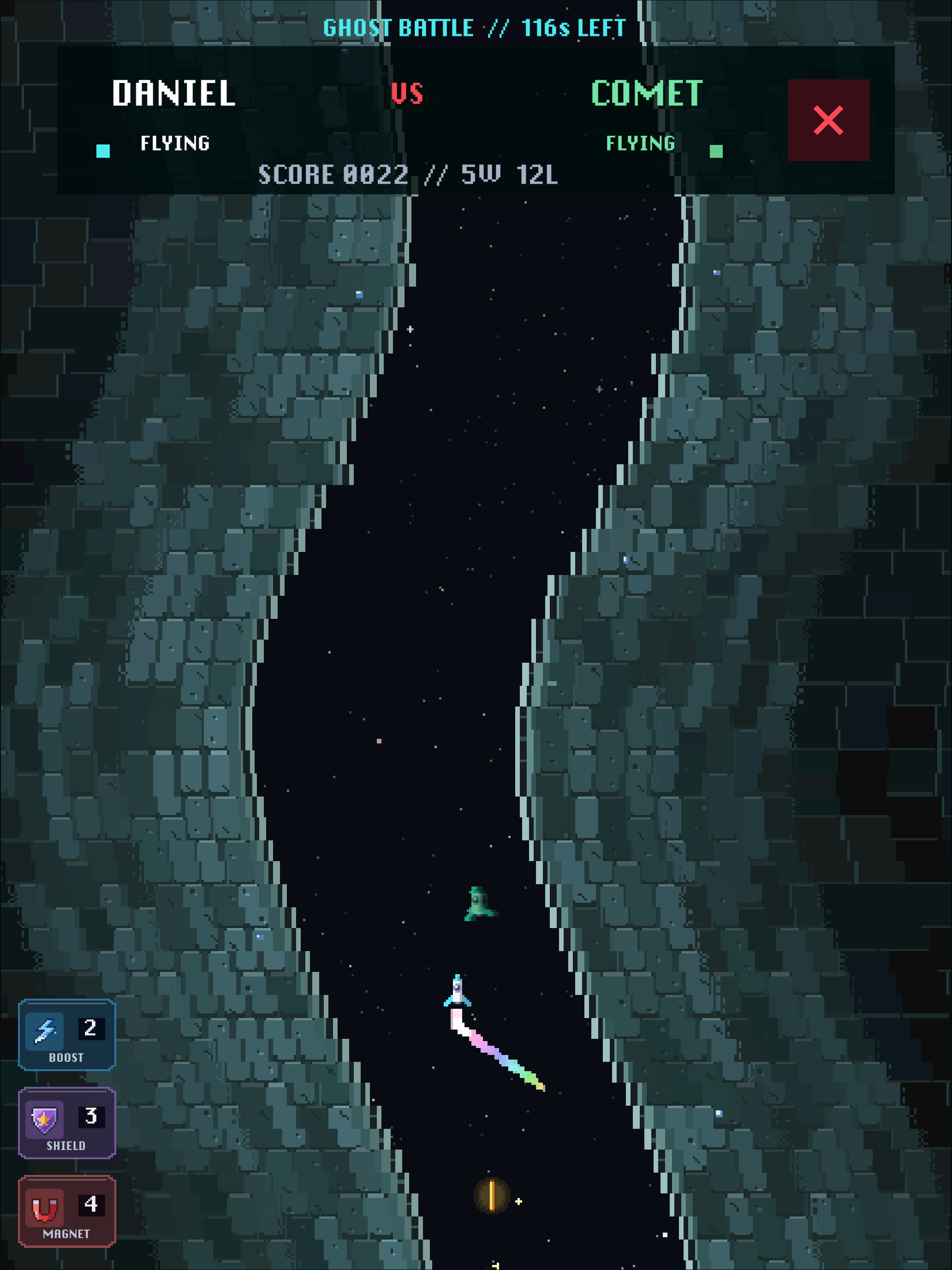 A head-to-head battle race against another pilot, Comet, with a live score