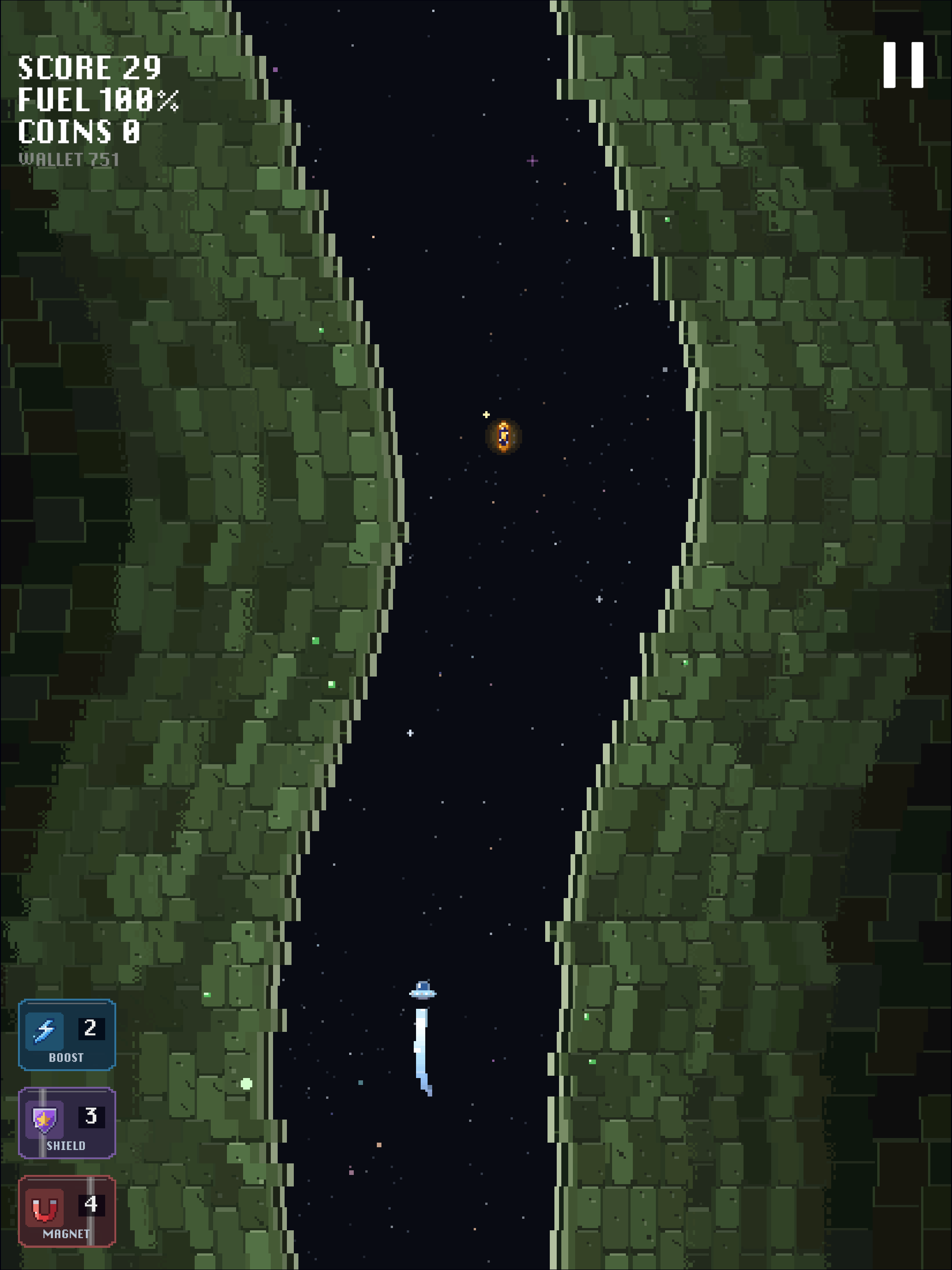 The rocket threading a narrow purple canyon in the campaign