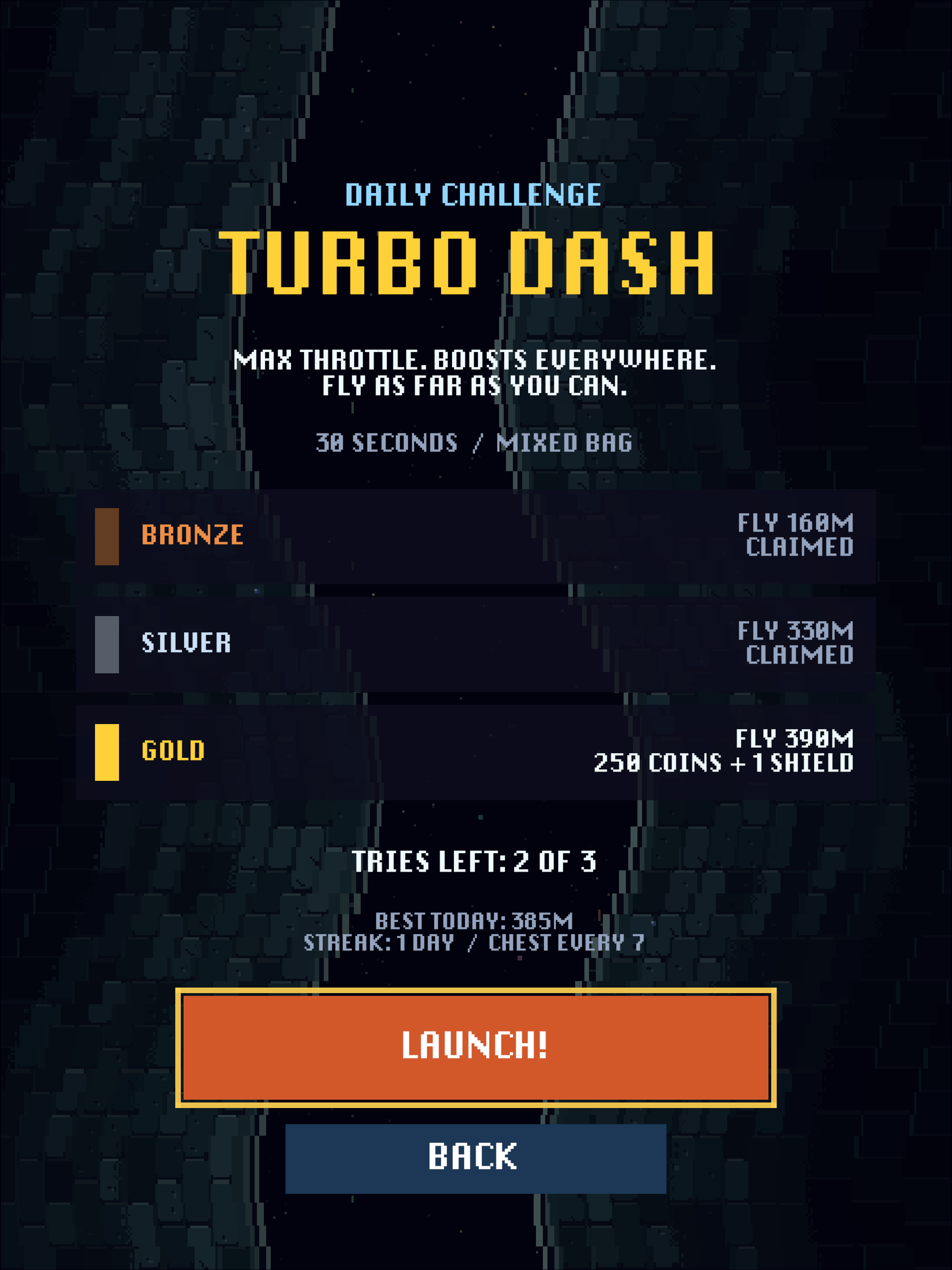 The Turbo Dash daily challenge screen showing bronze, silver and gold targets