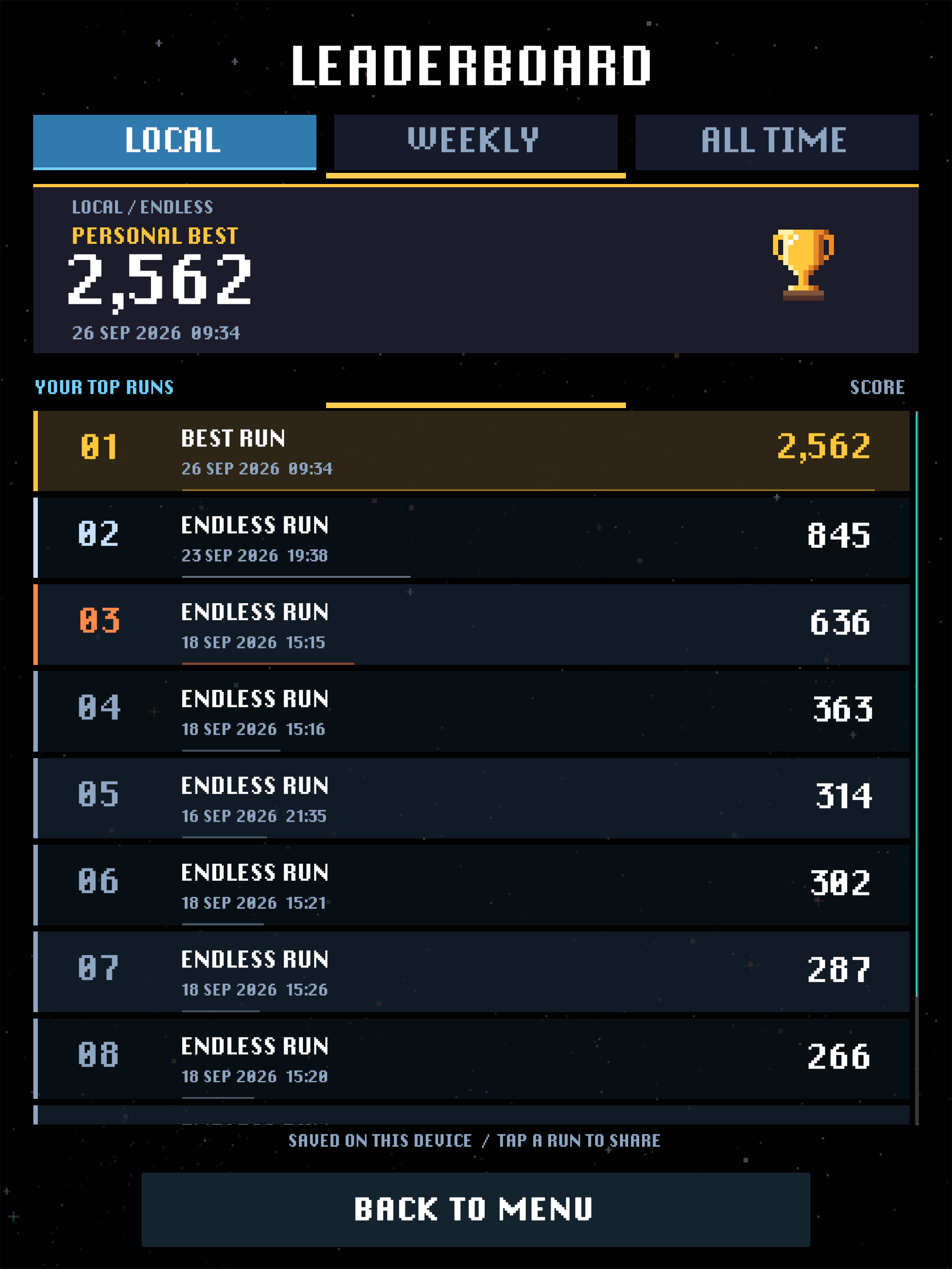 The leaderboard showing a personal best and the top runs