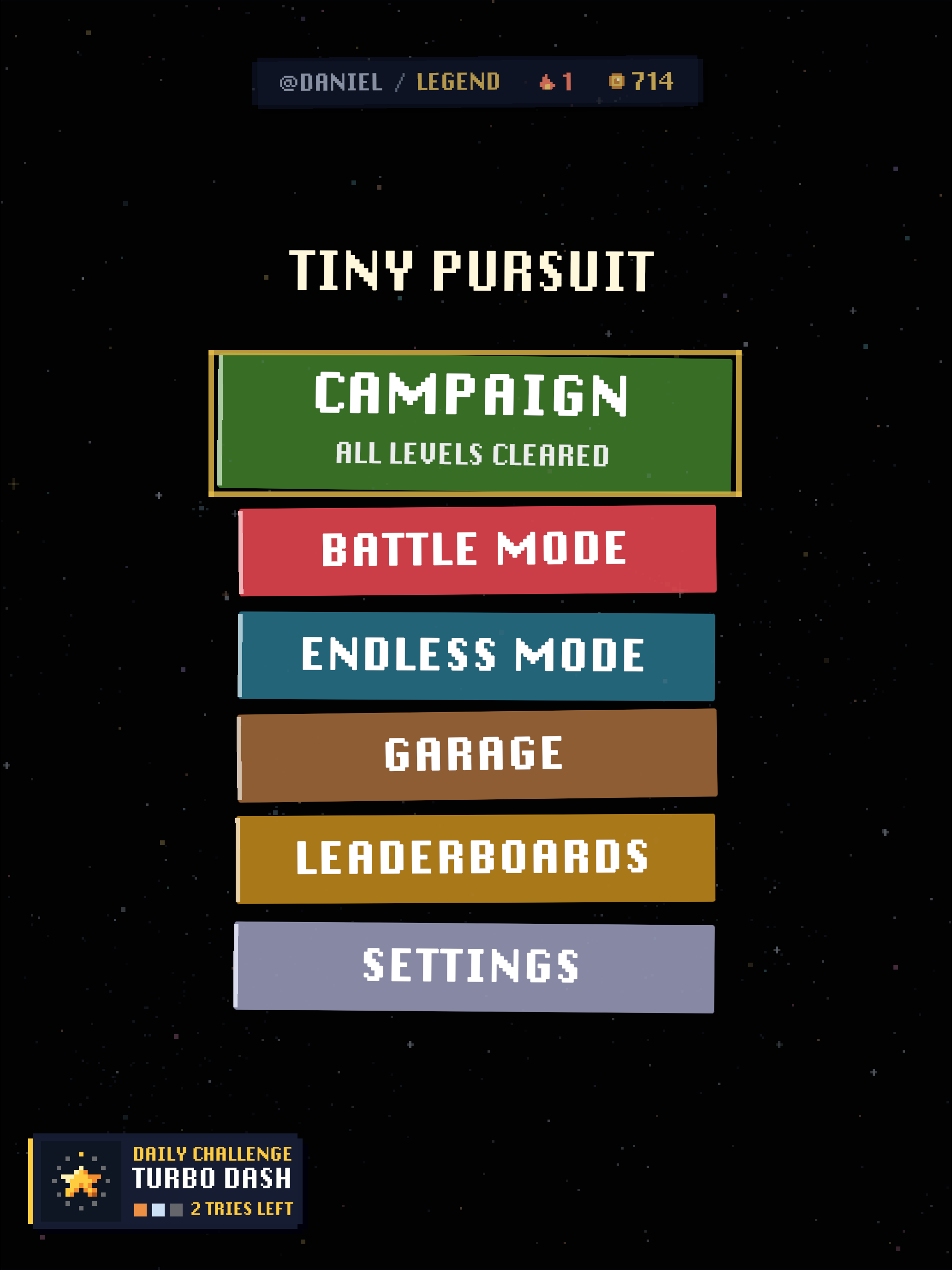 Tiny Pursuit main menu: campaign, battle mode, endless mode, garage, leaderboards and settings