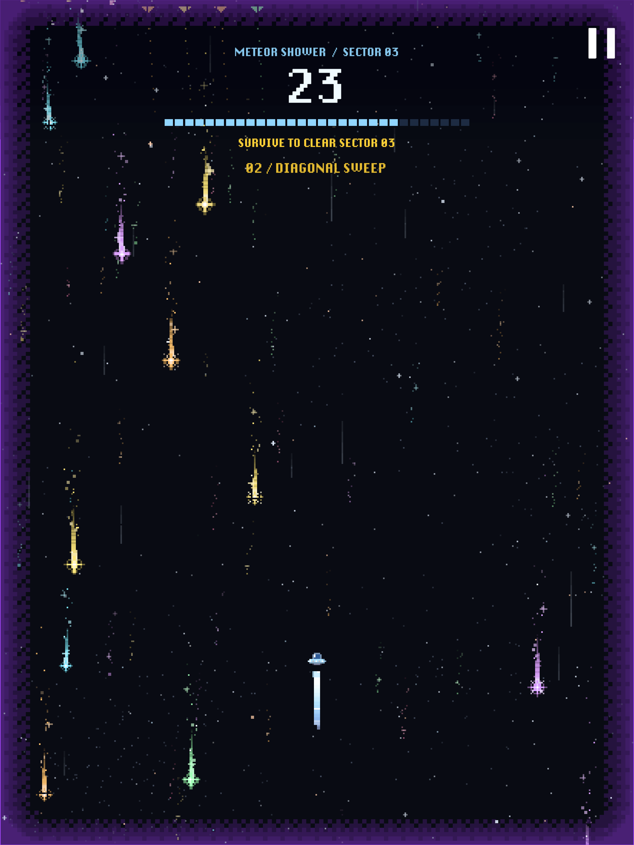 The meteor shower finale with falling pixel meteors and a countdown