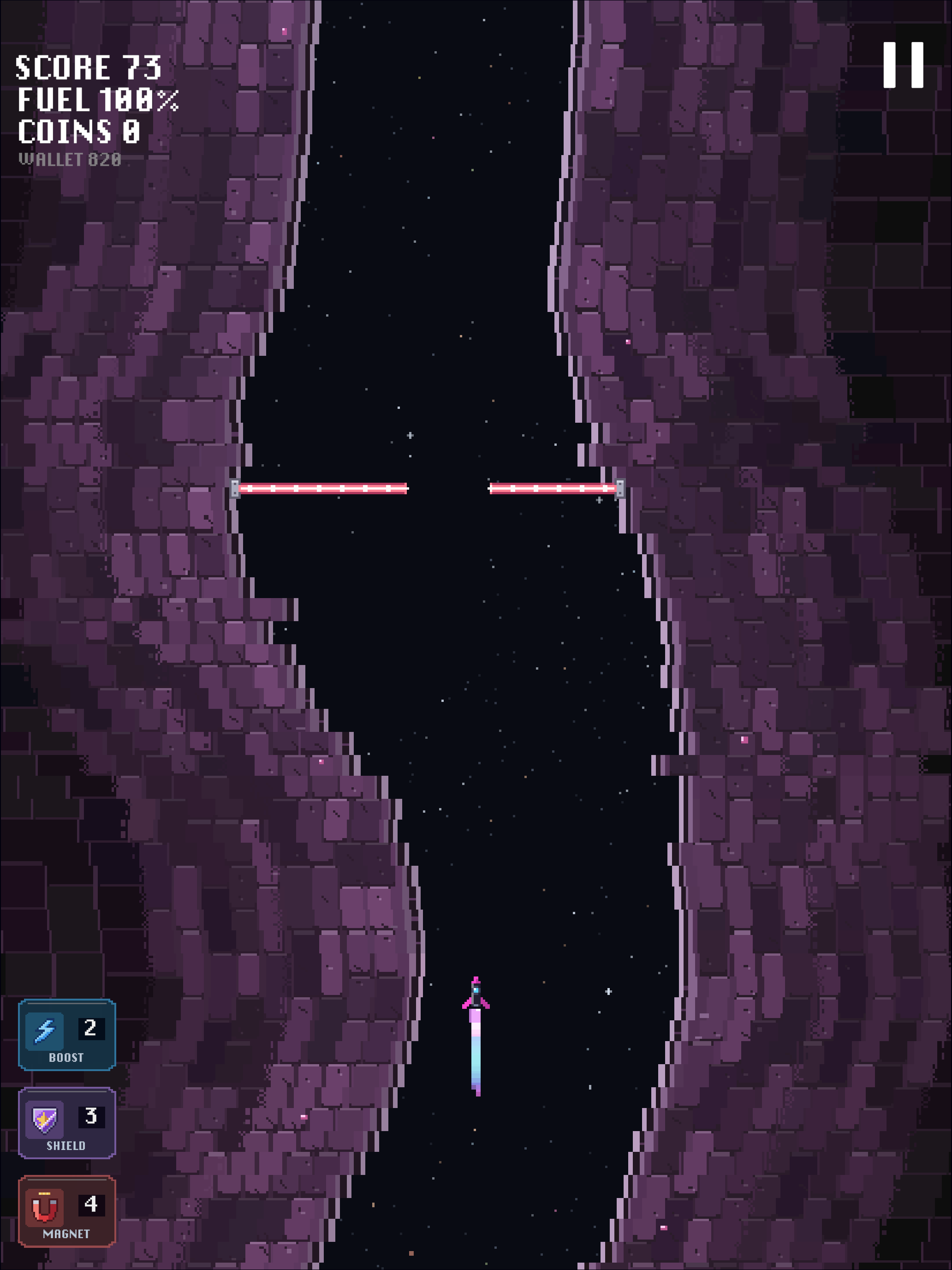 The Zippy rocket in the Void Runner skin flying between laser beams